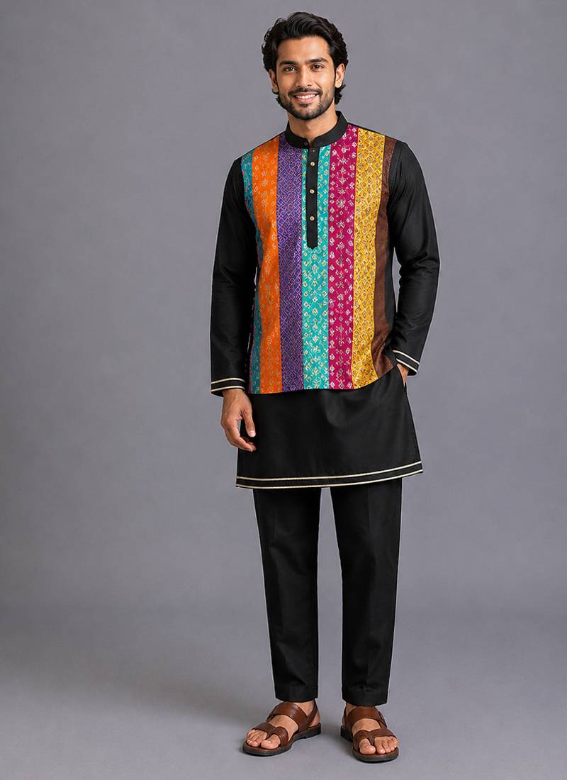 black printed cotton silk kurta set