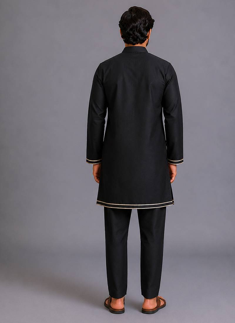 black printed cotton silk kurta set