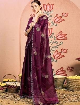 magenta embellished beads and stones pure chiffon designer saree 2