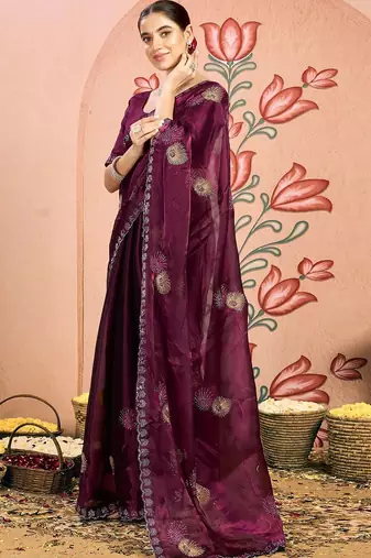magenta embellished beads and stones pure chiffon designer saree