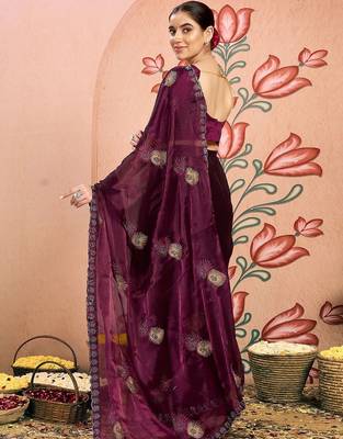 magenta embellished beads and stones pure chiffon designer saree 3