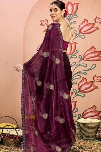 magenta embellished beads and stones pure chiffon designer saree