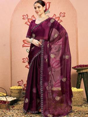 magenta embellished beads and stones pure chiffon designer saree 4