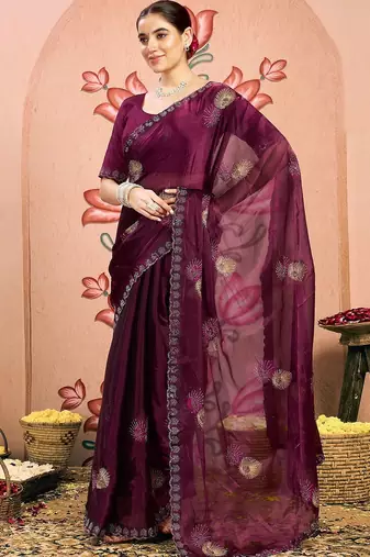 magenta embellished beads and stones pure chiffon designer saree
