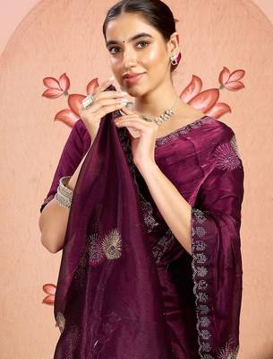 magenta embellished beads and stones pure chiffon designer saree 5