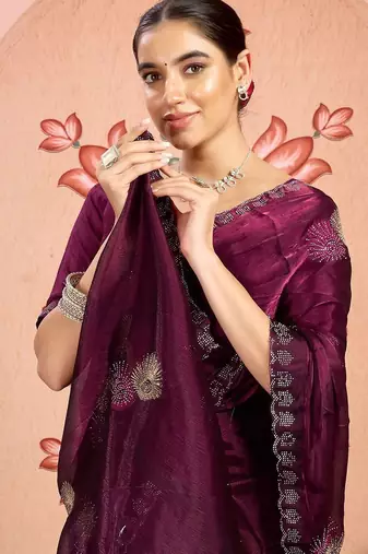 magenta embellished beads and stones pure chiffon designer saree