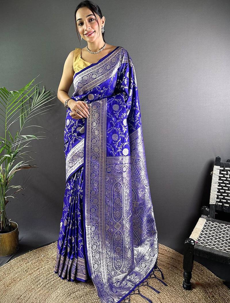 blue woven design zari banarasi saree