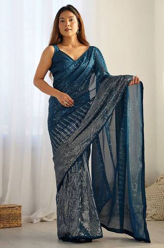 teal embellished sequinned designer saree