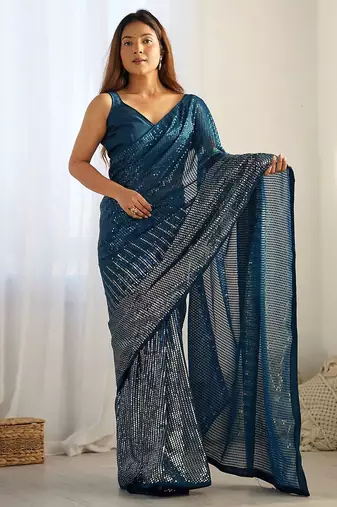 teal embellished sequinned designer saree