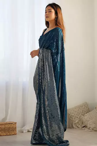 teal embellished sequinned designer saree