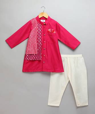 Pink embroidered cotton silk Men Kurta Set 1