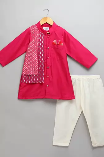 Pink embroidered cotton silk Men Kurta Set