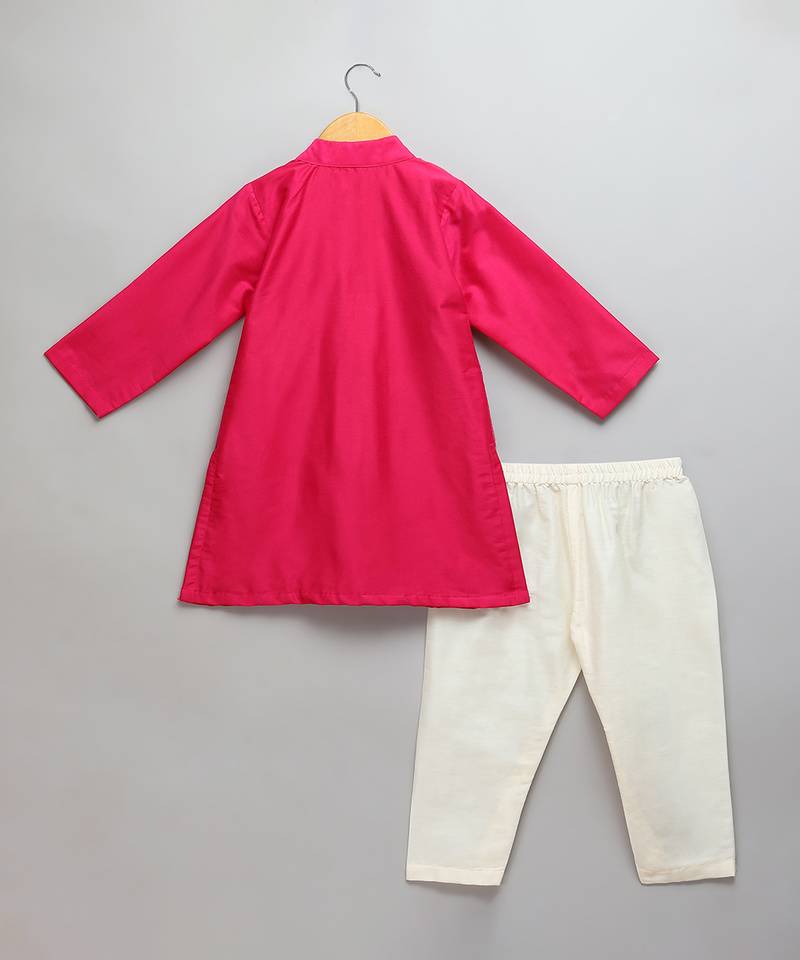 Pink embroidered cotton silk Men Kurta Set