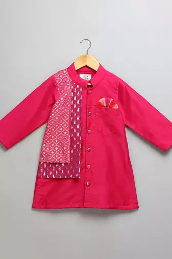 Pink embroidered cotton silk Men Kurta Set