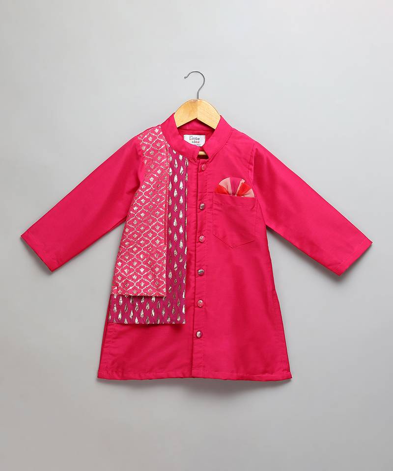 Pink embroidered cotton silk Men Kurta Set