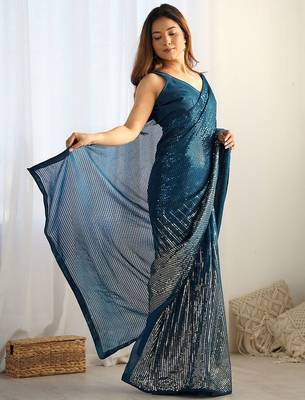 teal embellished sequinned designer saree 4