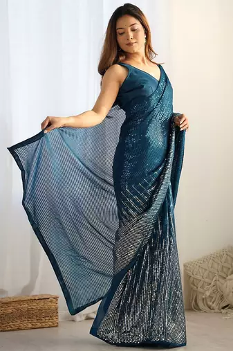 teal embellished sequinned designer saree