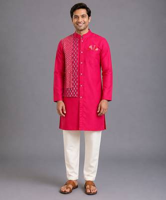 Pink embroidered cotton silk Men Kurta Set 8