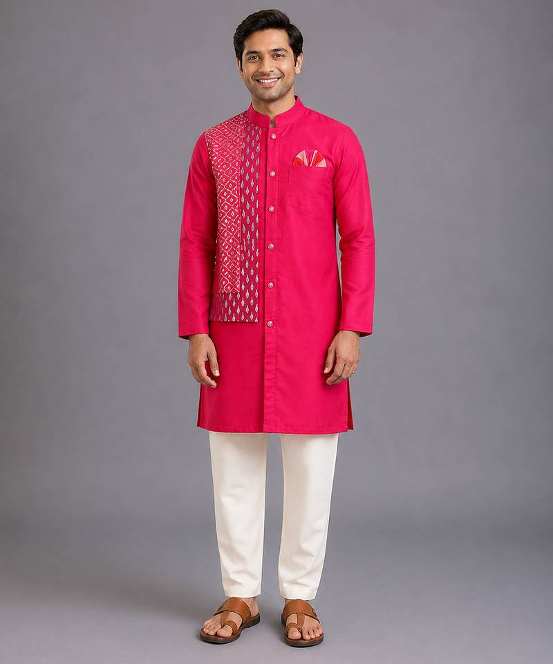Pink embroidered cotton silk Men Kurta Set