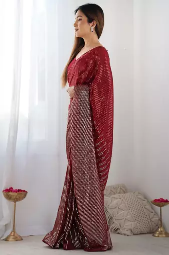 red embellished sequinned designer saree
