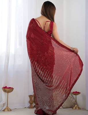 red embellished sequinned designer saree 3