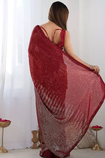 red embellished sequinned designer saree