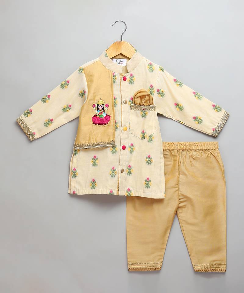 Beige printed cotton silk Men Kurta Set