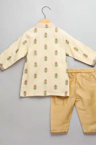 Beige printed cotton silk Men Kurta Set