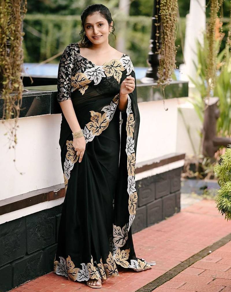 black floral embroidered saree