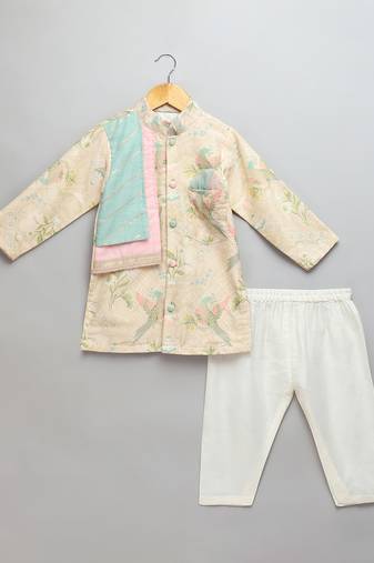 Beige printed cotton silk Men Kurta Set
