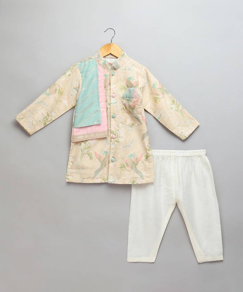 Beige printed cotton silk Men Kurta Set