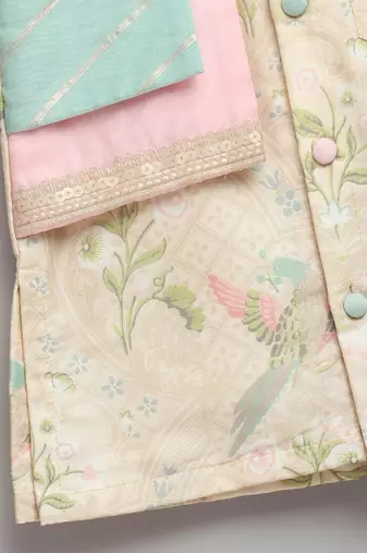 Beige printed cotton silk Men Kurta Set
