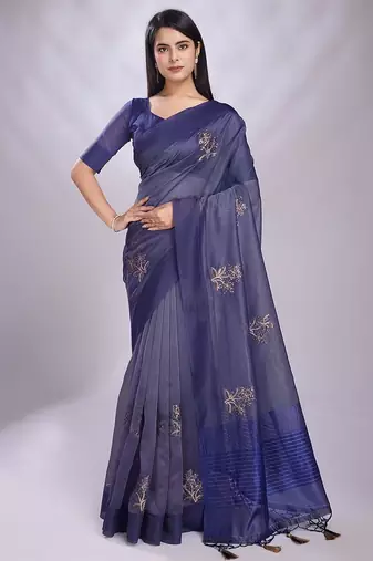 navy_blue embroidered organza saree