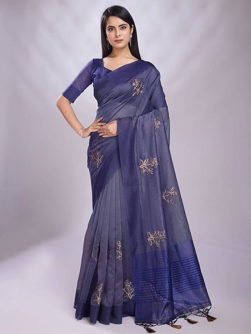 navy_blue embroidered organza saree