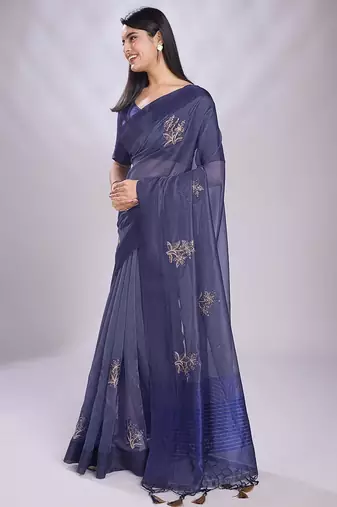 navy_blue embroidered organza saree
