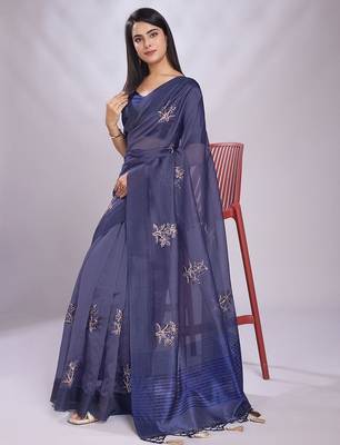 navy_blue embroidered organza saree 4