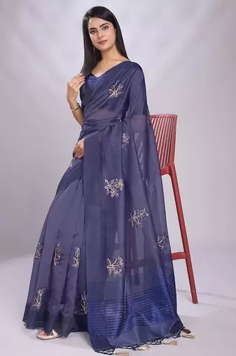 navy_blue embroidered organza saree