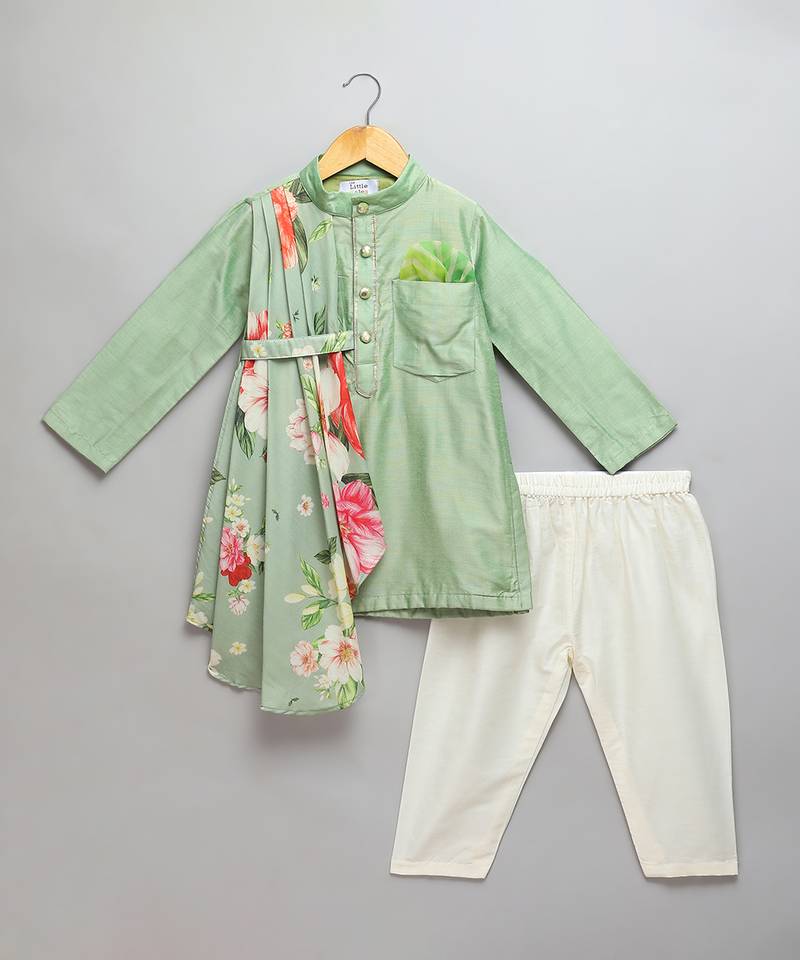 mint green cotton silk pleated side dupatta men kurta set