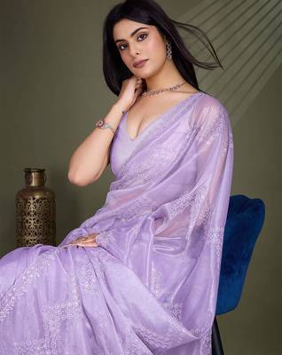 lavender embroidered net saree 1