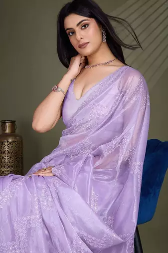 lavender embroidered net saree
