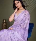 lavender embroidered net saree