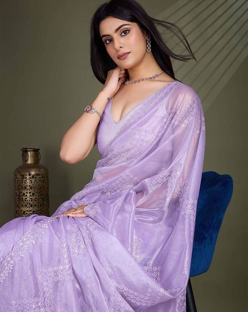 lavender embroidered net saree