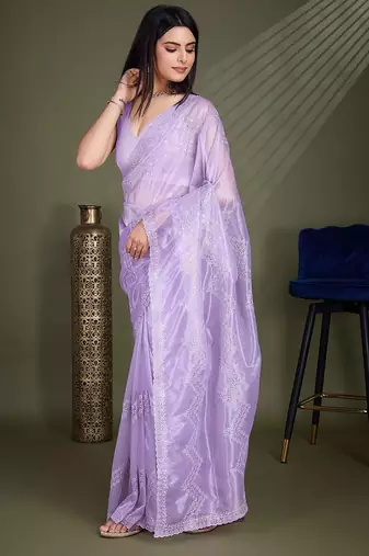lavender embroidered net saree