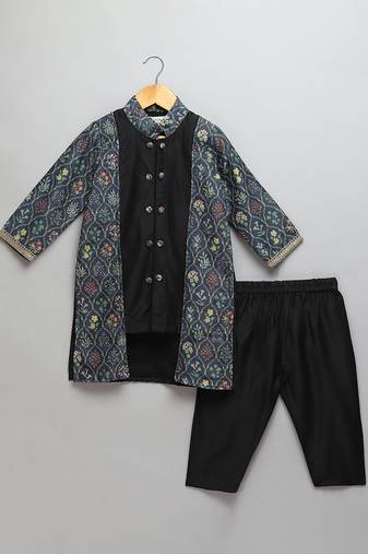 Black printed cotton silk Men Kurta Set