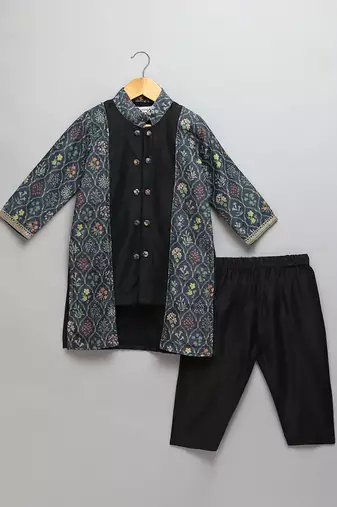 Black printed cotton silk Men Kurta Set