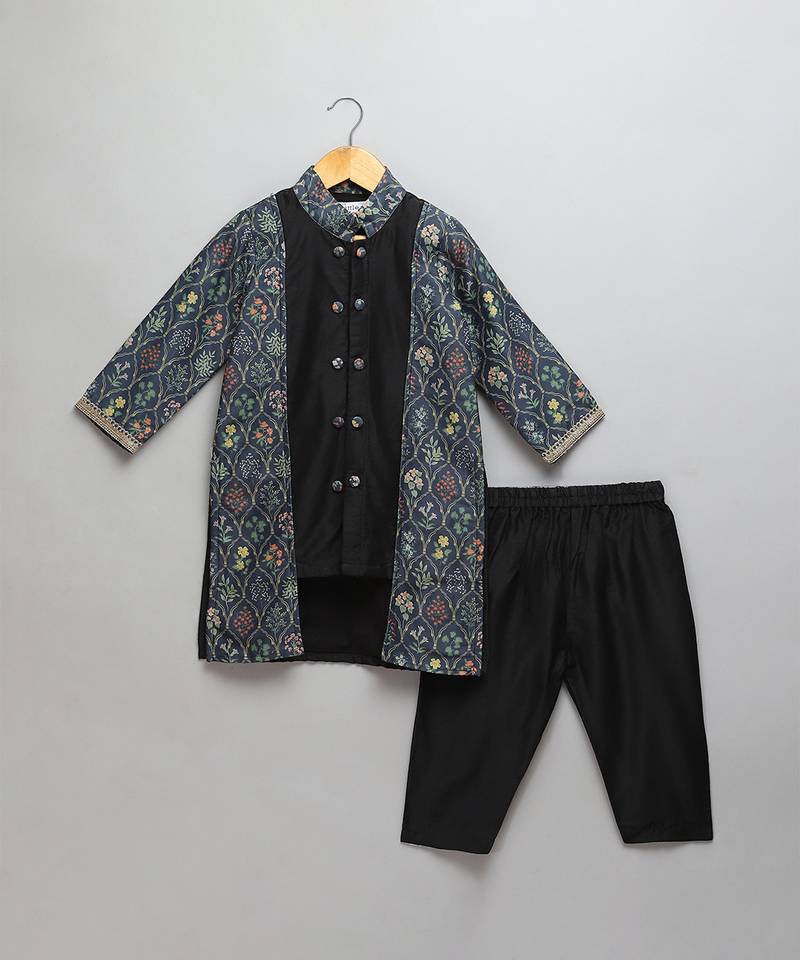 Black printed cotton silk Men Kurta Set