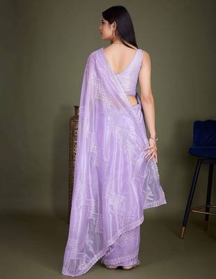 lavender embroidered net saree 3