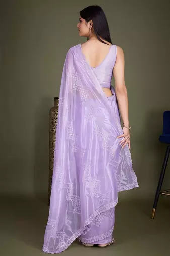 lavender embroidered net saree