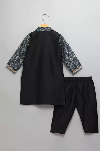 Black printed cotton silk Men Kurta Set