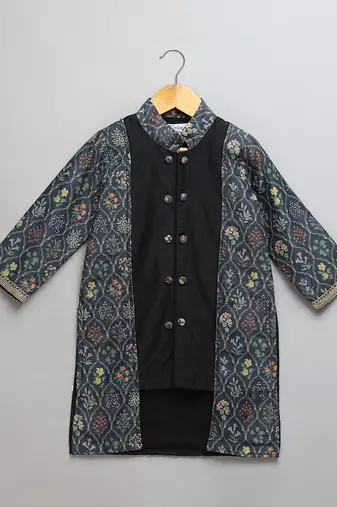 Black printed cotton silk Men Kurta Set